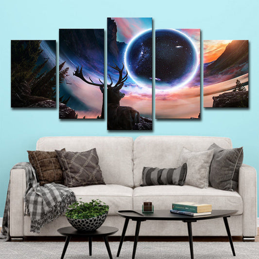Schwarzer Mond Nacht Hirsch Leinwand Kunst Mehrteilig Zeitgenössisches Wohnzimmer Wanddeko