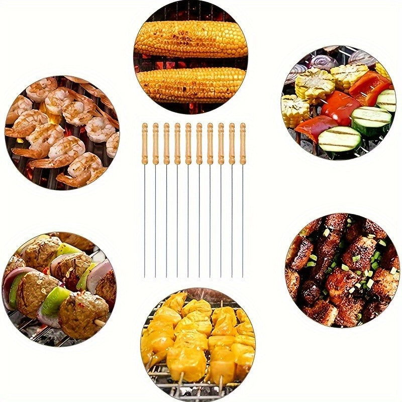 Sandsberg | 10 Stück Premium Edelstahl BBQ Spieße mit Holzgriff – Multifunktionale, langlebige Grillspieße für das Kochen im Freien – Perfekt für Sommerpartys und Familienfeiern