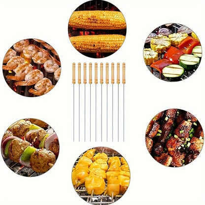 Sandsberg | 10 Stück Premium Edelstahl BBQ Spieße mit Holzgriff – Multifunktionale, langlebige Grillspieße für das Kochen im Freien – Perfekt für Sommerpartys und Familienfeiern
