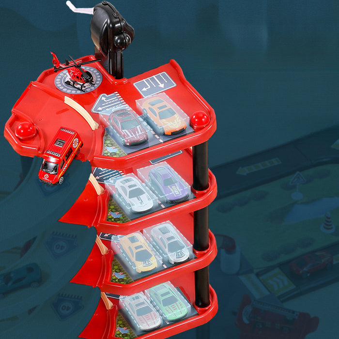 Sandsberg | FirePark Garage Spielset – Mehrstöckige Feuerwehrstation mit Feuerwehrautos und Verkehrsschildern für abenteuerlustige Kinder