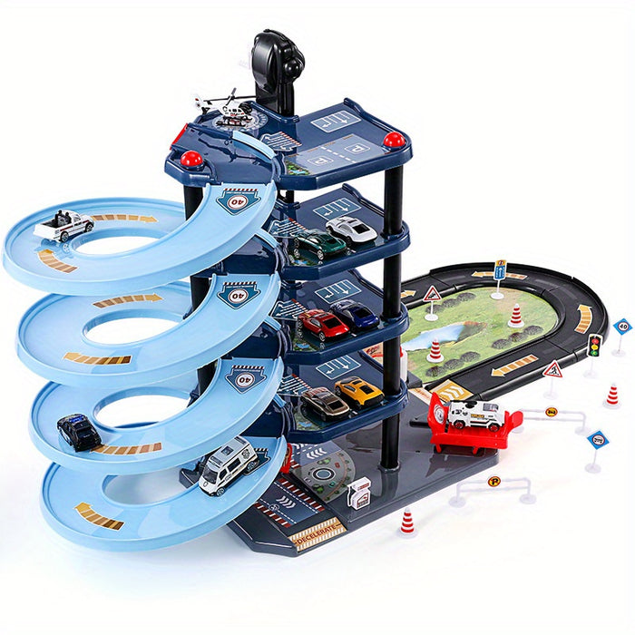 Sandsberg | FirePark Garage Spielset – Mehrstöckige Feuerwehrstation mit Feuerwehrautos und Verkehrsschildern für abenteuerlustige Kinder