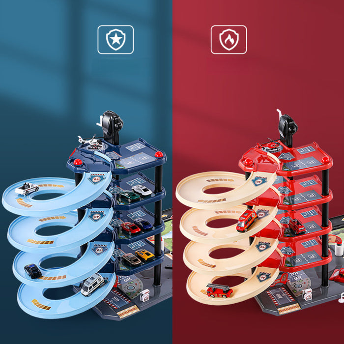 Sandsberg | FirePark Garage Spielset – Mehrstöckige Feuerwehrstation mit Feuerwehrautos und Verkehrsschildern für abenteuerlustige Kinder