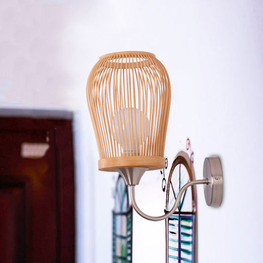 Bambus handgewebte Wandleuchte modern 1-Lampe beige Wandmontage Lampe mit Metall-Gänsekopfarm