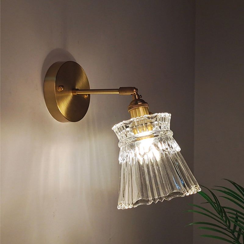 Eisen Messing-Finish Wandleselampe Schwenkarm 1-Licht Industrielle Wandmontierte Lampe mit Blüte/Schale Klarglas-Schirm