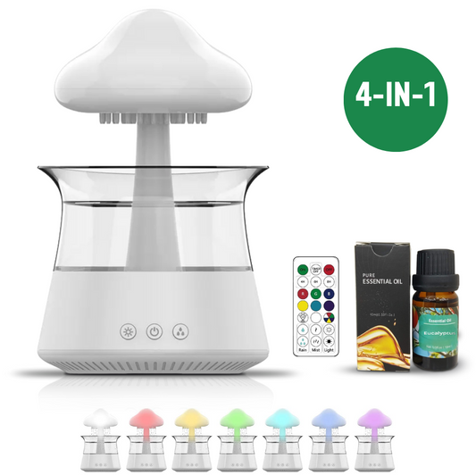 4-in-1 Regentropfen-Befeuchter | Aroma-Diffusor + Ätherisches Öl (Eukalyptus) + Fernbedienung | Weißes Rauschgerät | Schlaftrainer