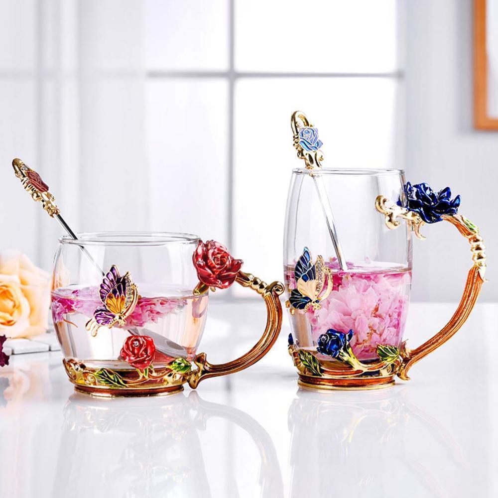 Emaille Rose Glas Teetassen Set (Mit Löffel)