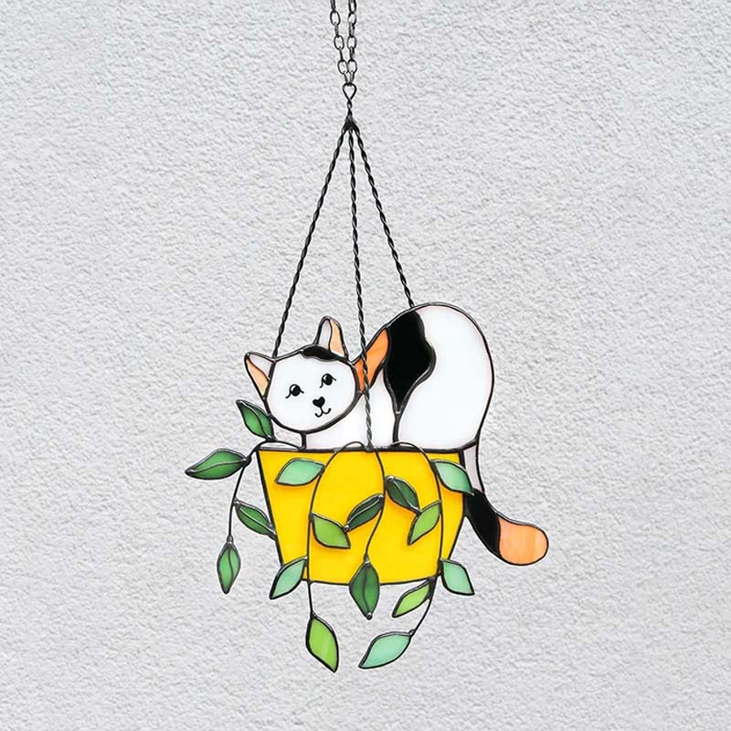 Katze im Blumentopf Suncatcher Buntglasfensterhänger