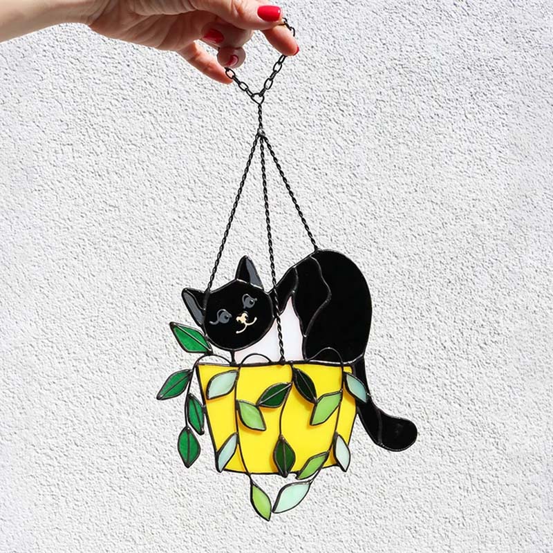 Katze im Blumentopf Suncatcher Buntglasfensterhänger