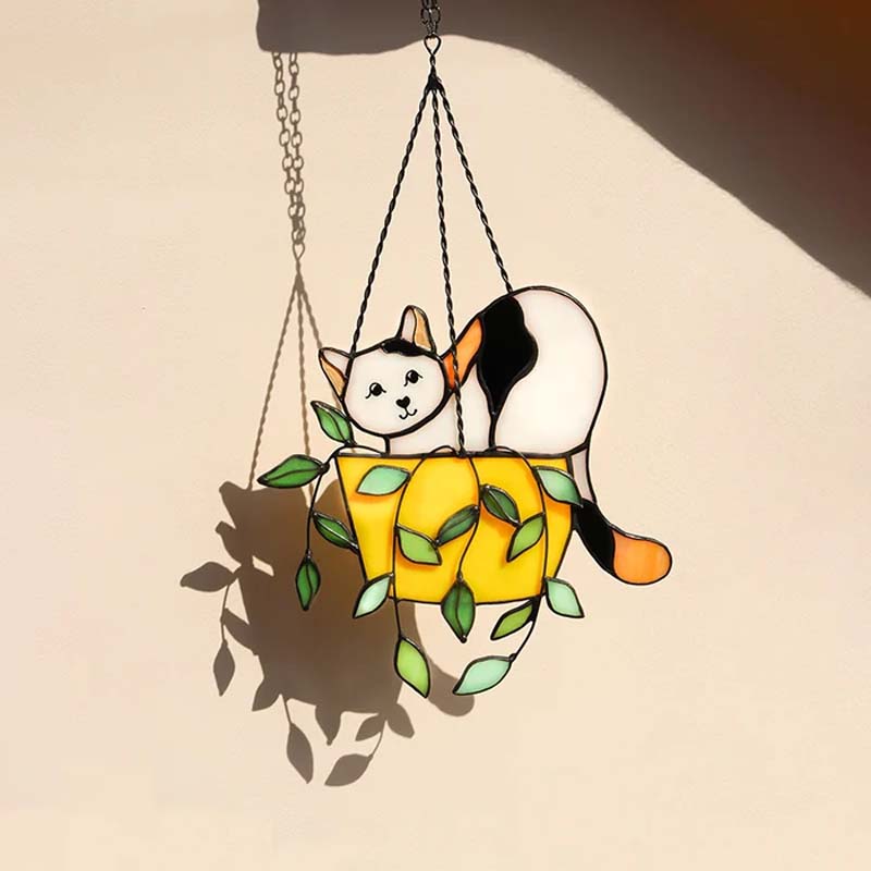 Katze im Blumentopf Suncatcher Buntglasfensterhänger