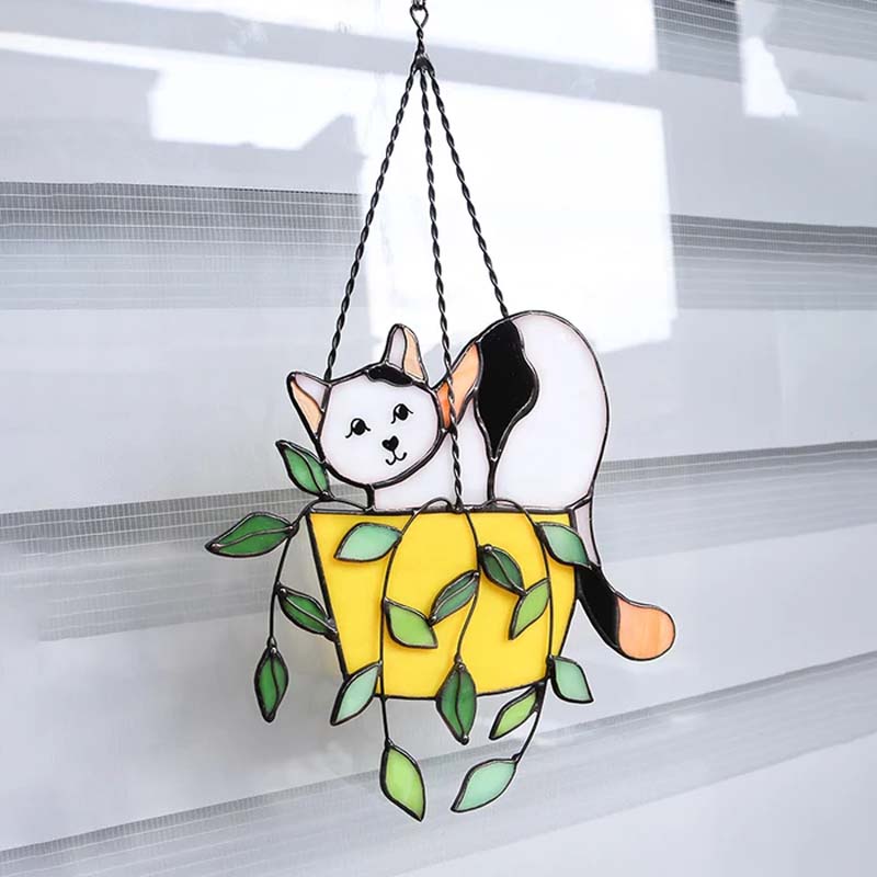 Katze im Blumentopf Suncatcher Buntglasfensterhänger