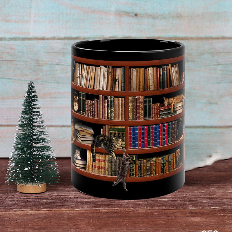 Bookself Keramik-Kaffeetasse – Geschenk für Katzenbuchliebhaber