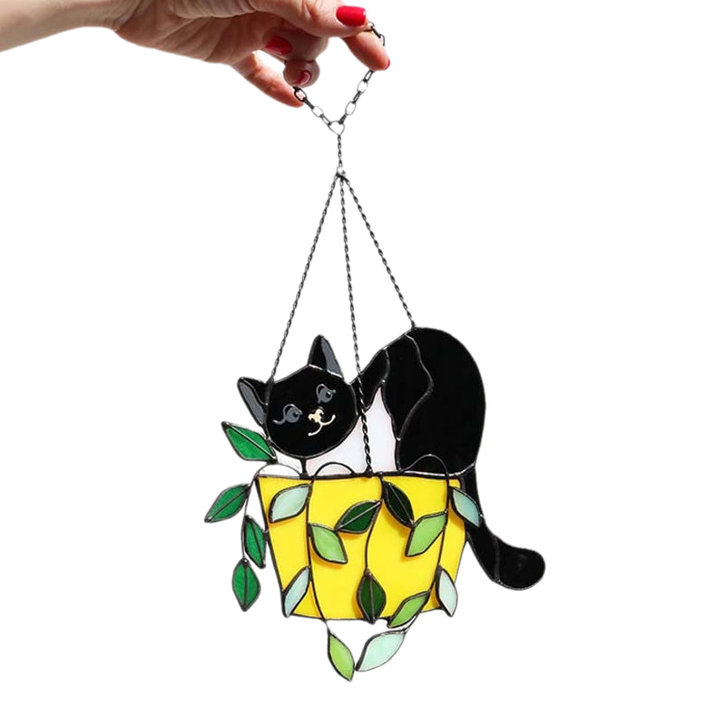 Katze im Blumentopf Suncatcher Buntglasfensterhänger