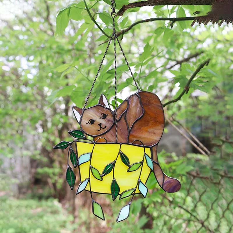 Katze im Blumentopf Suncatcher Buntglasfensterhänger