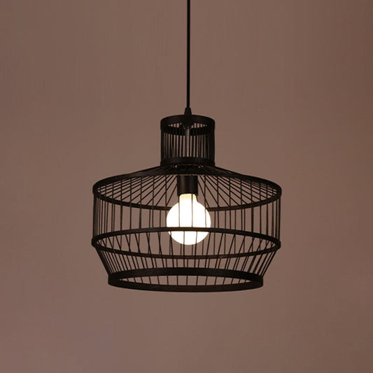 Bamboo Cage Stil Pendelleuchten Chinesisch 1-Licht Schwarze Deckenabhängelampe