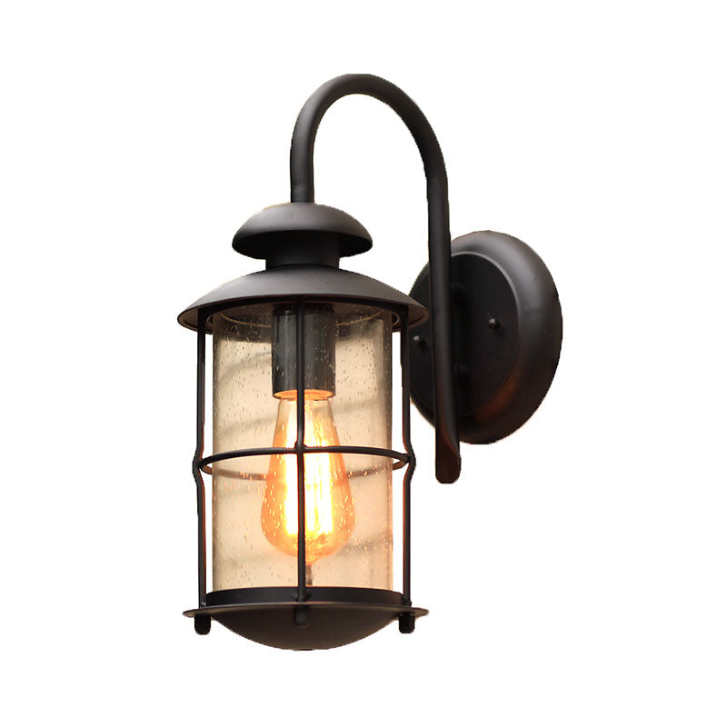 Zylinderförmige klare Glas-Wandmontage-Leuchte Retro 1-Licht Außenwandbeleuchtung in Schwarz