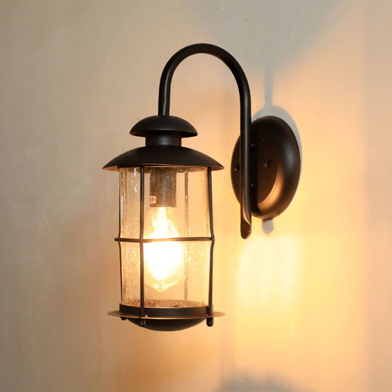 Zylinderförmige klare Glas-Wandmontage-Leuchte Retro 1-Licht Außenwandbeleuchtung in Schwarz