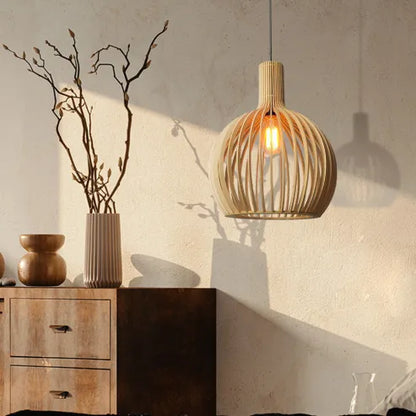Nordic wooden birdcage lamp, Japanese creative hanging wooden lamp