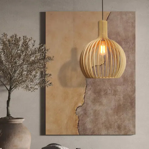 Nordic wooden birdcage lamp, Japanese creative hanging wooden lamp