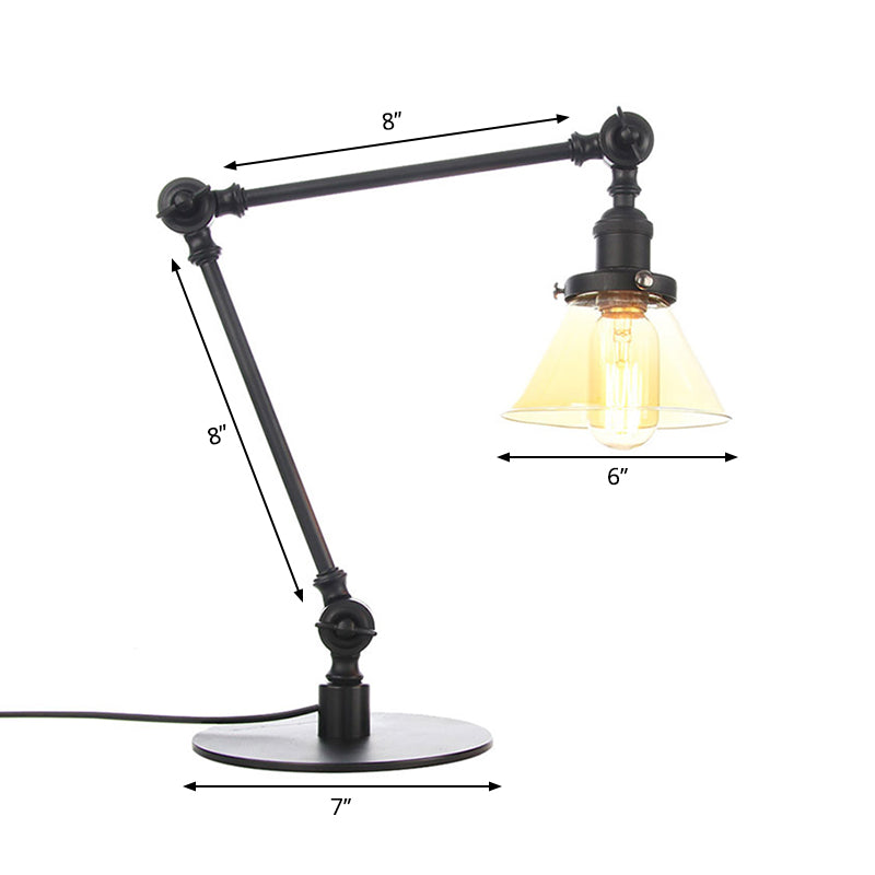 Industrieller Stil konische Tischlampe Amber/Klares Glas und Metall 1 Licht Schlafzimmer Tischlampe mit verstellbarem Arm in Schwarz/Messing