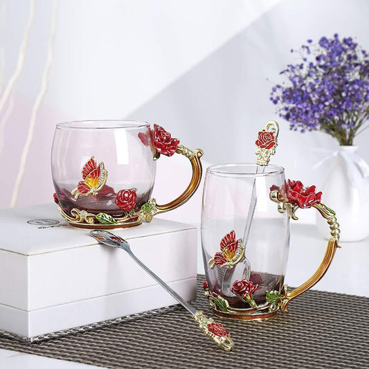Emaille Rose Glas Teetassen Set (Mit Löffel)