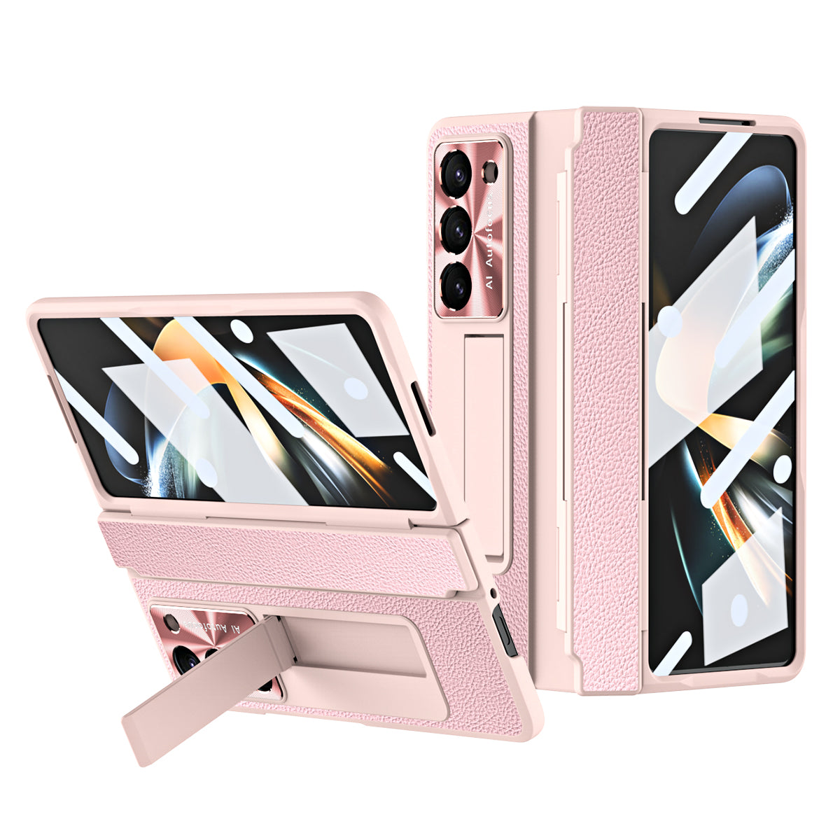 Galvanisierte Lederhülle mit magnetischer Halterung für Samsung Galaxy Z Fold3/4/5 mit Glas auf der Rückseite