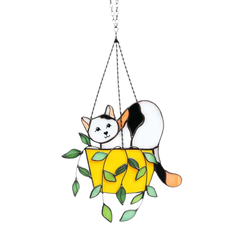 Katze im Blumentopf Suncatcher Buntglasfensterhänger