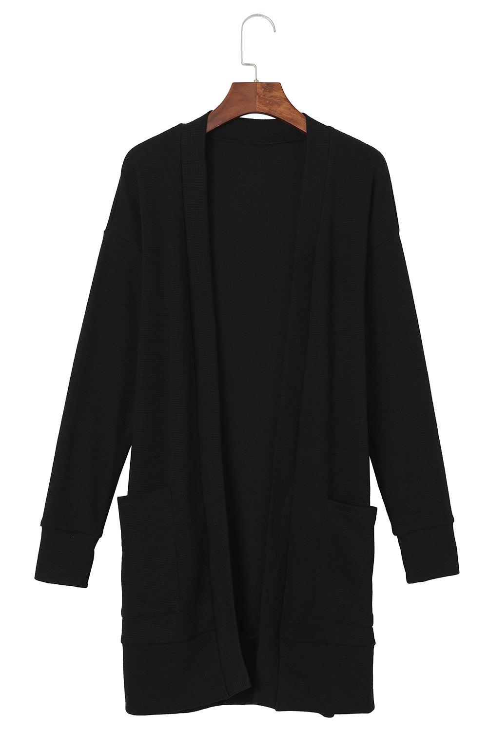 Schwarzer gerippter Strick cardigan mit offenen Vorderseite und Taschen