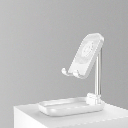 Sandsberg | Faltbarer und verstellbarer Handyhalter mit 10W kabellosem Schnellladen, bis zu 25,8 cm, Lampe, rutschfeste Platte, Mini-Regal, geeignet für Handys und Tablets