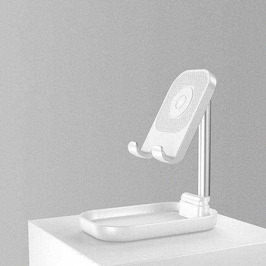 Sandsberg | Faltbarer und verstellbarer Handyhalter mit 10W kabellosem Schnellladen, bis zu 25,8 cm, Lampe, rutschfeste Platte, Mini-Regal, geeignet für Handys und Tablets