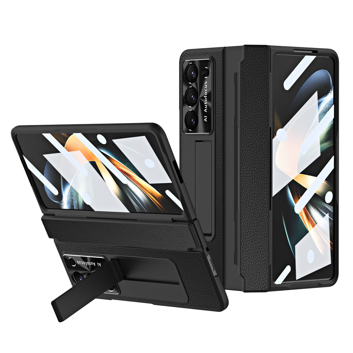 Galvanisierte Lederhülle mit magnetischer Halterung für Samsung Galaxy Z Fold3/4/5 mit Glas auf der Rückseite