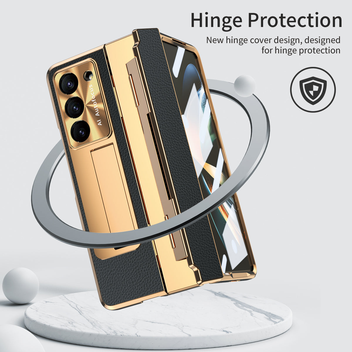 Galvanisierte Lederhülle mit magnetischer Halterung für Samsung Galaxy Z Fold3/4/5 mit Glas auf der Rückseite