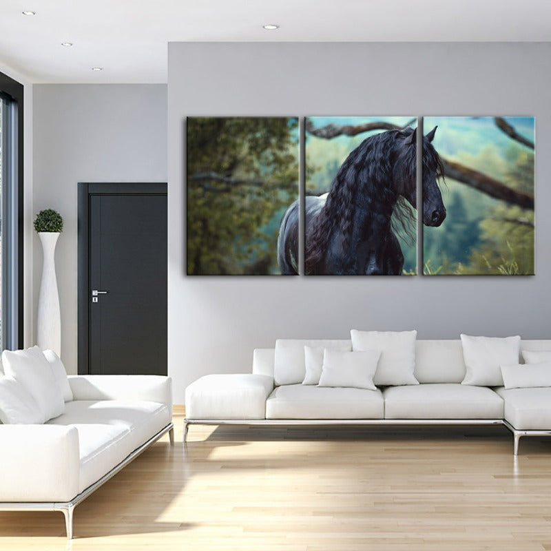 Schwarzes Pferd im Wald-Canvas Wandkunst Gemälde 3 Teile