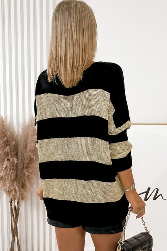 Schwarzer Kontrastgestreifter V-Ausschnitt Lockerer Pullover