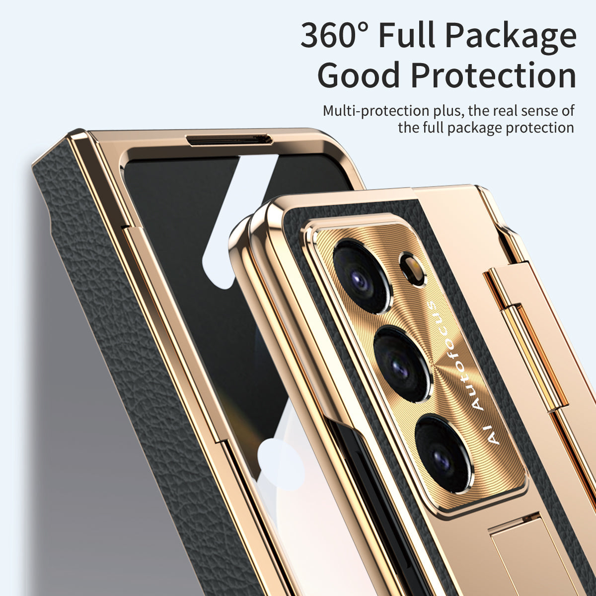 Galvanisierte Lederhülle mit magnetischer Halterung für Samsung Galaxy Z Fold3/4/5 mit Glas auf der Rückseite