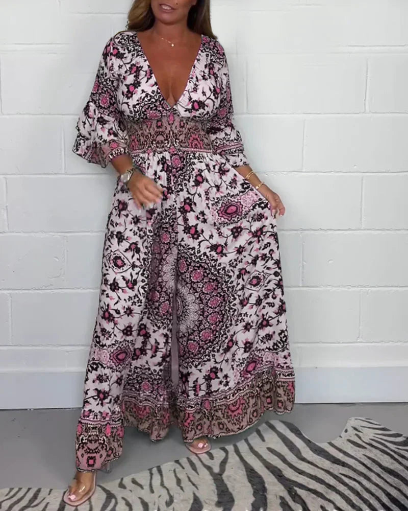 🔥50% Rabatt auf den heißen Verkauf🔥Bedruckter Jumpsuit mit tiefem V-Ausschnitt
