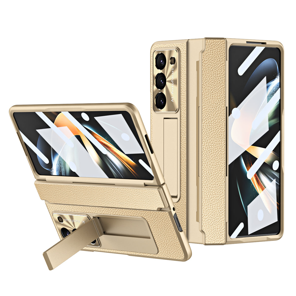 Galvanisierte Lederhülle mit magnetischer Halterung für Samsung Galaxy Z Fold3/4/5 mit Glas auf der Rückseite