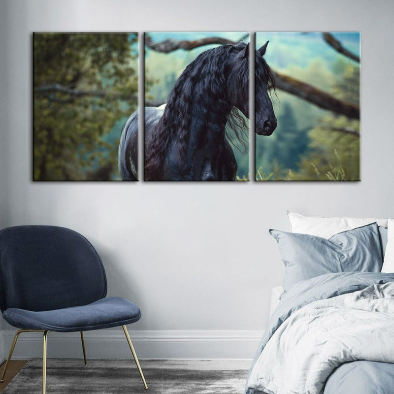 Schwarzes Pferd im Wald-Canvas Wandkunst Gemälde 3 Teile