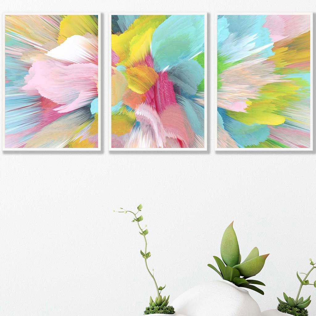 Set aus 3 abstrakten, hellen, gemalten Fraktal-Wandkunstdrucken
