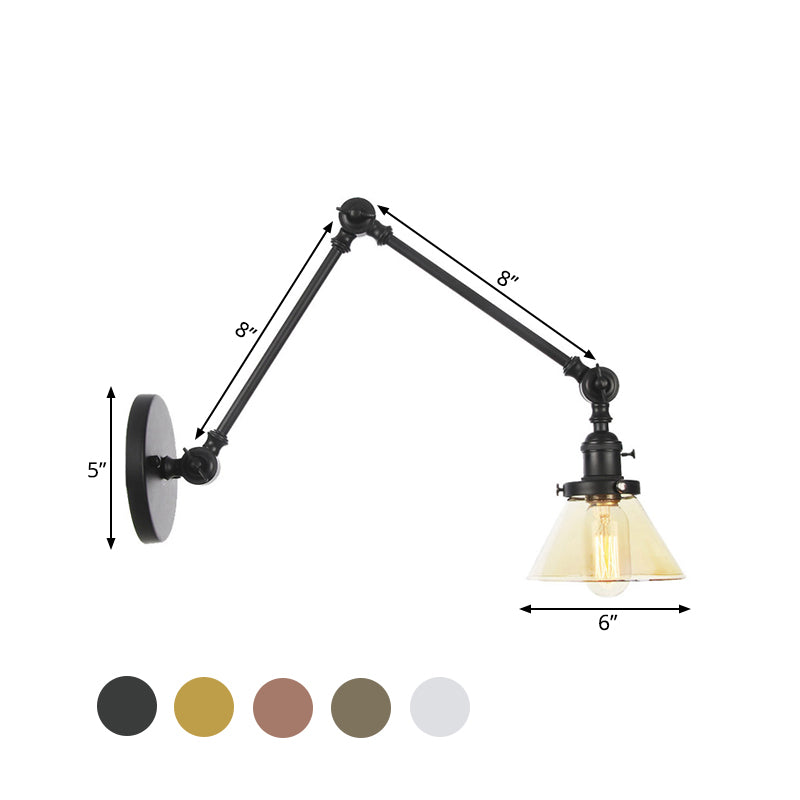 1 Licht Wandleuchte Industriell Kegelförmige Klarglas/Amberglas Wandleuchte in Schwarz/Bronze/Messing mit Verstellbarem Arm, 8“+8"/8"+8"+8" Lang