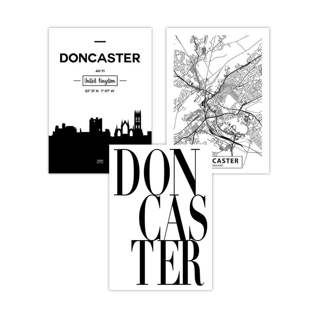 Set von 3 Doncaster Skyline Straßenkarten Stadt Drucken