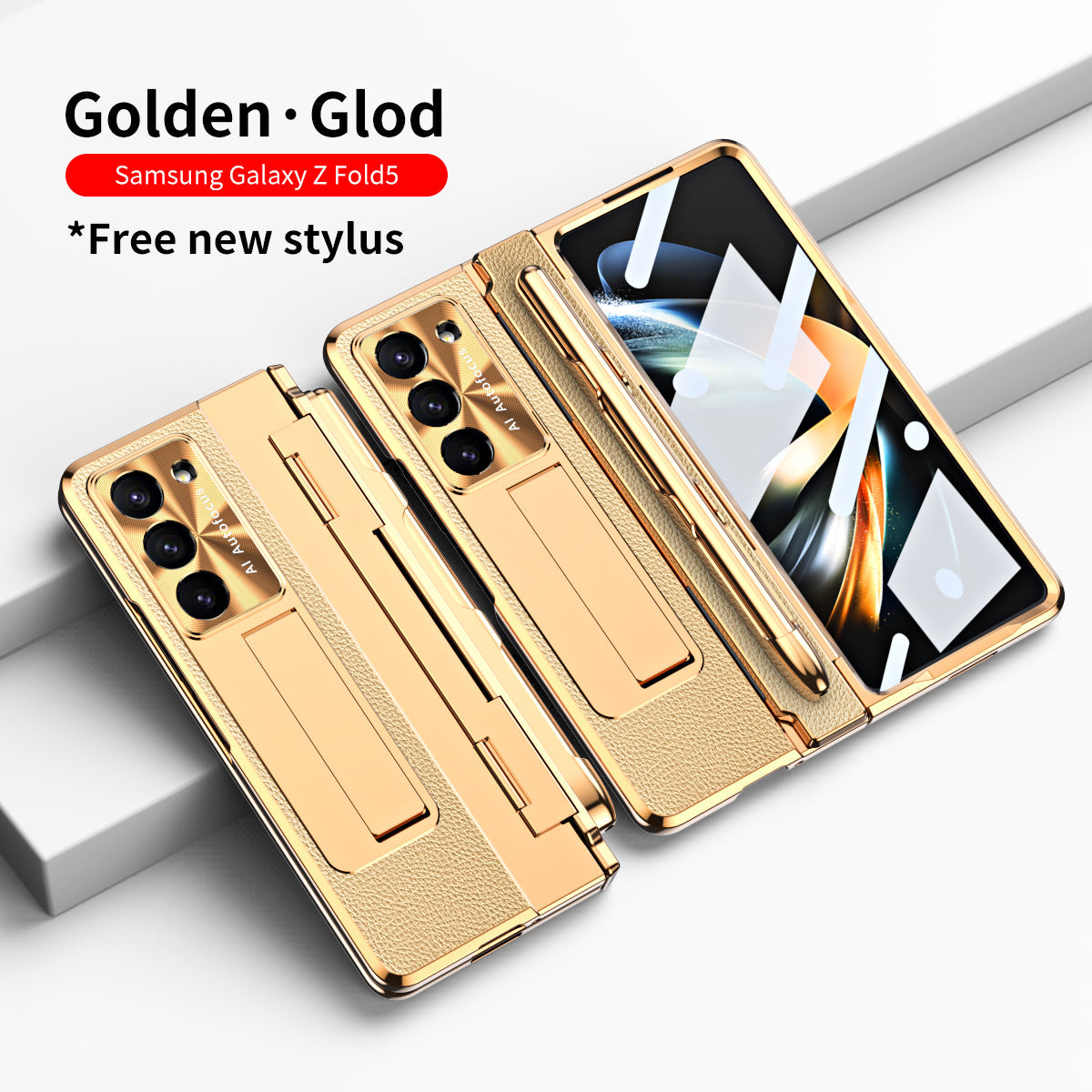 Galvanisierte Lederhülle mit magnetischer Halterung für Samsung Galaxy Z Fold3/4/5 mit Glas auf der Rückseite