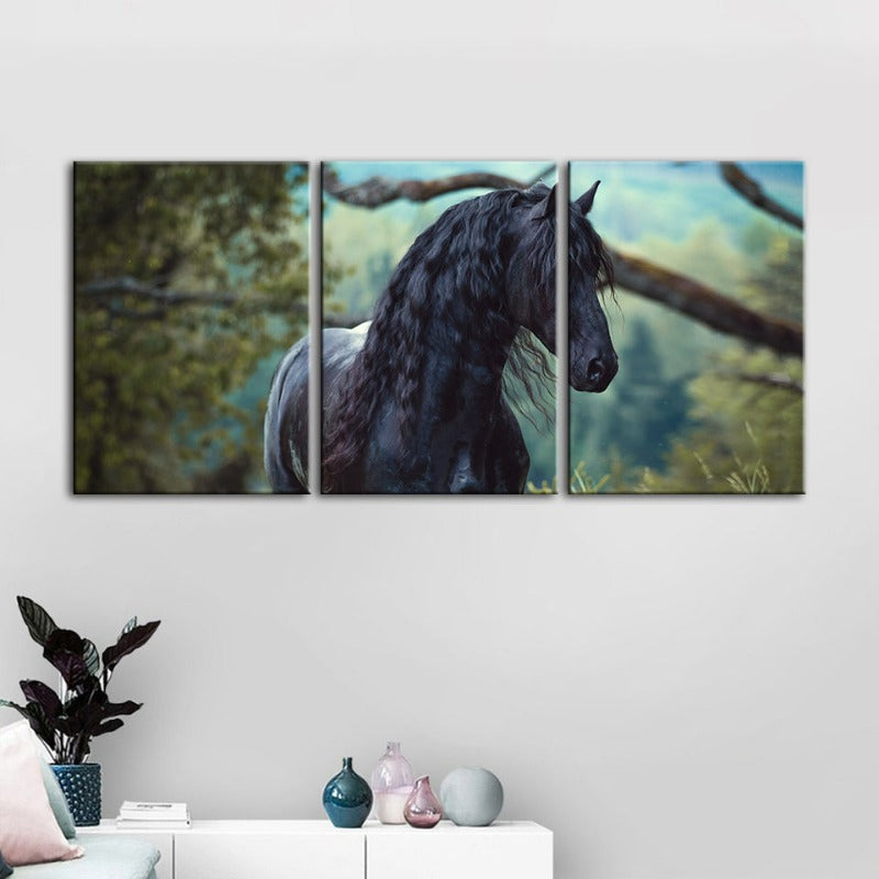 Schwarzes Pferd im Wald-Canvas Wandkunst Gemälde 3 Teile