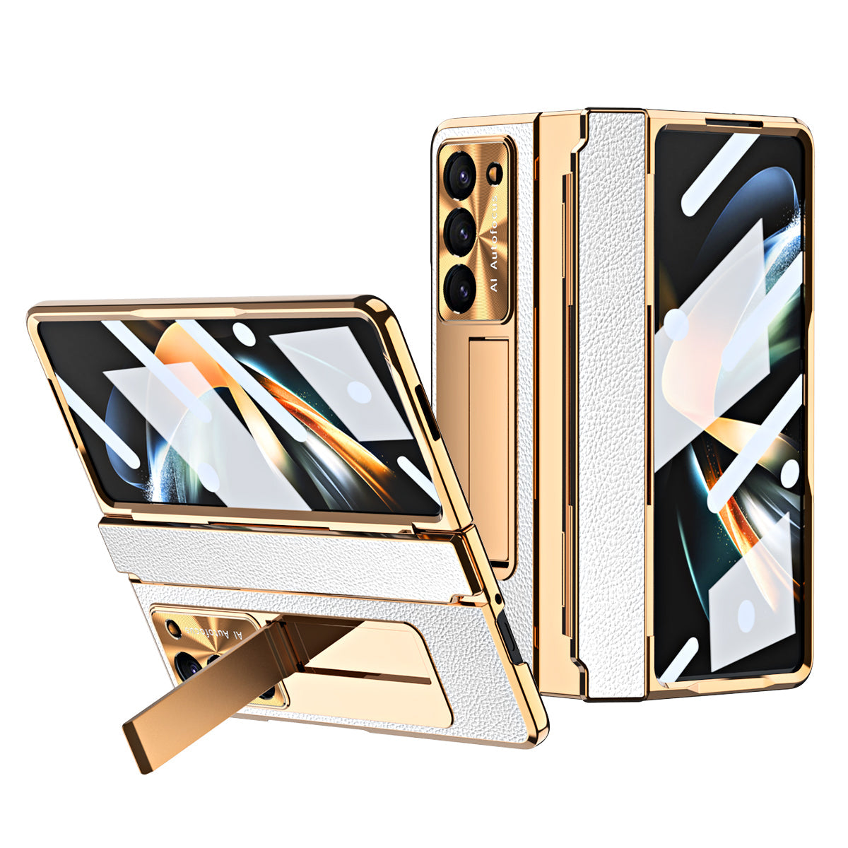Galvanisierte Lederhülle mit magnetischer Halterung für Samsung Galaxy Z Fold3/4/5 mit Glas auf der Rückseite
