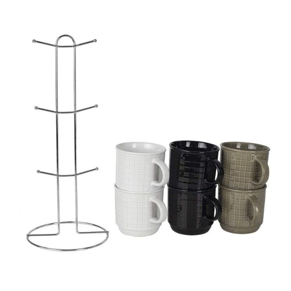 6-teiliges Set: Becherset aus Steingut mit Metallgestell