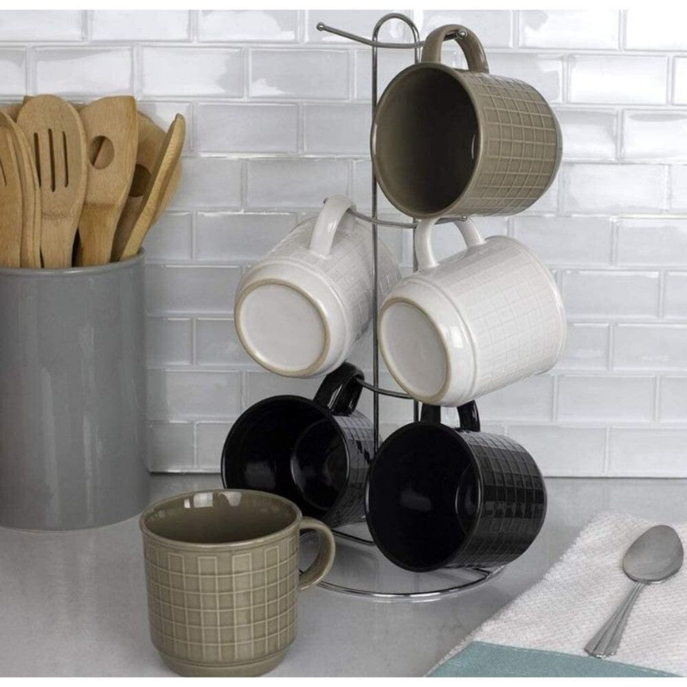 6-teiliges Set: Becherset aus Steingut mit Metallgestell
