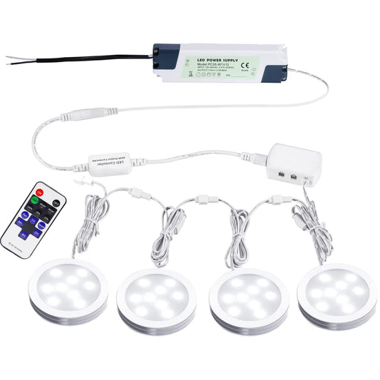 Sandsberg | Aiboo vernetzbare LED-Unterbauleuchte fest verkabelt 12V schlanke Aluminium dimmbare Puck-Leuchte mit Fernbedienung für die Beleuchtung von Schränken (4 Lichter, Tageslichtweiß, ohne Netzstecker)