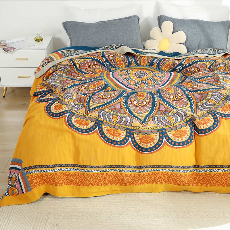 Bohemian Wende-Sommersteppdecke mit gelben Blumen