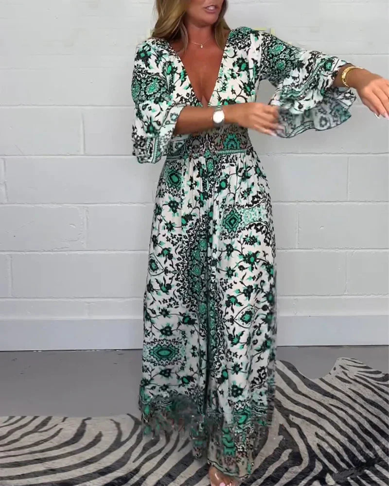 🔥50% Rabatt auf den heißen Verkauf🔥Bedruckter Jumpsuit mit tiefem V-Ausschnitt