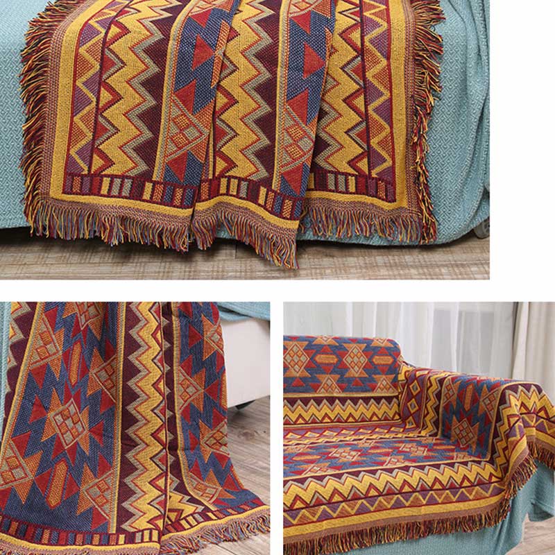 Bohemian Decke mit Quasten und Karomuster in verschiedenen Farben