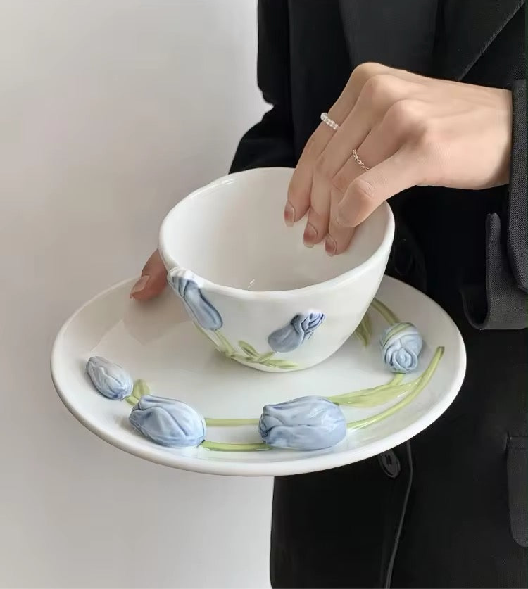Tulpe 3D Fairycore Keramiktasse und Teller Set